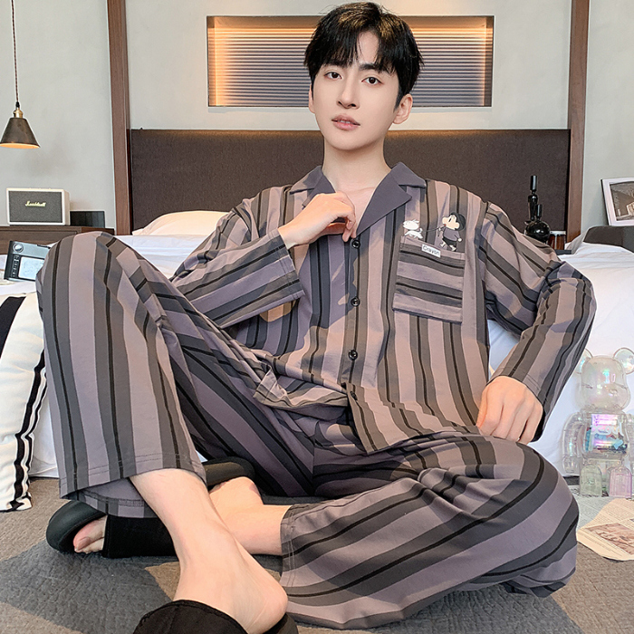 91家纺网 家纺一手货源 找家纺 春秋季新款纯棉休闲简约睡衣高级质量家居服夏季男士宽松舒适睡衣翻领 89314