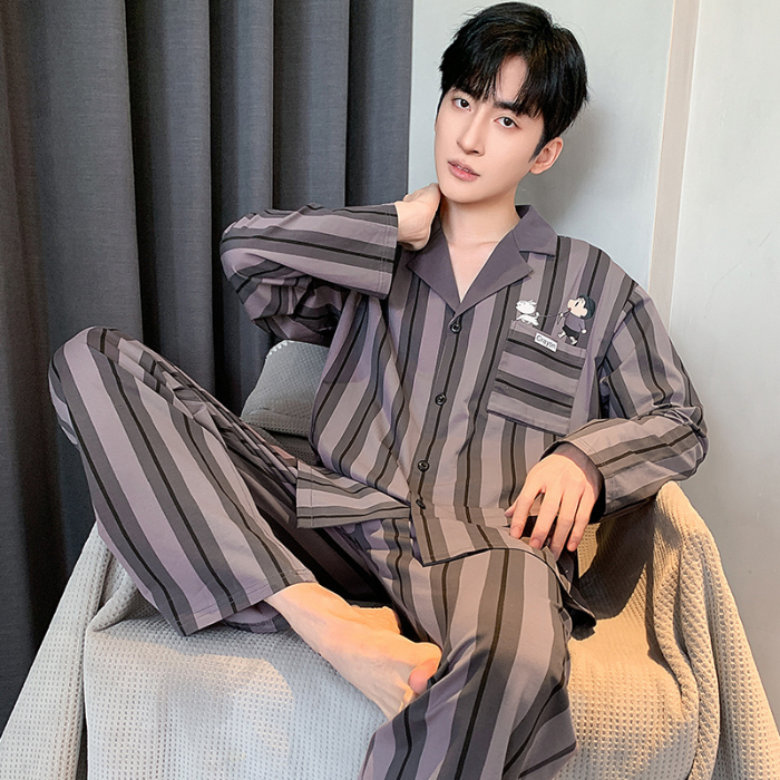 91家纺网 家纺一手货源 找家纺 春秋季新款纯棉休闲简约睡衣高级质量家居服夏季男士宽松舒适睡衣翻领 89314