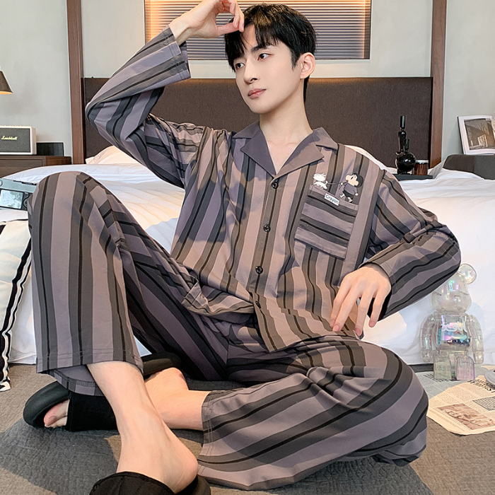 91家纺网 家纺一手货源 找家纺 春秋季新款纯棉休闲简约睡衣高级质量家居服夏季男士宽松舒适睡衣翻领 89314