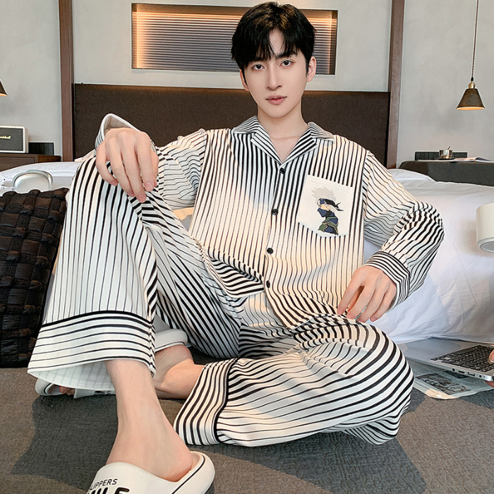91家纺网 家纺一手货源 找家纺 春秋季新款纯棉休闲简约睡衣高级质量家居服夏季男士宽松舒适睡衣翻领 89315