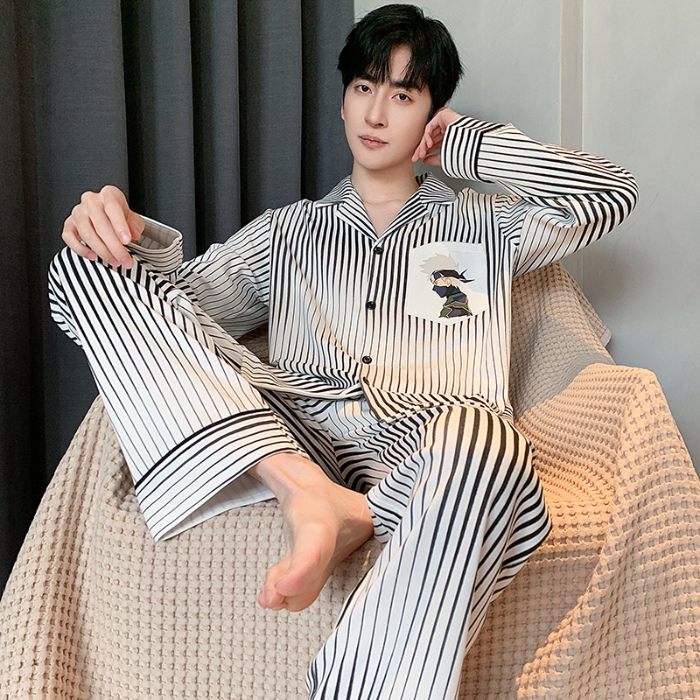 91家纺网 家纺一手货源 找家纺 春秋季新款纯棉休闲简约睡衣高级质量家居服夏季男士宽松舒适睡衣翻领 89315