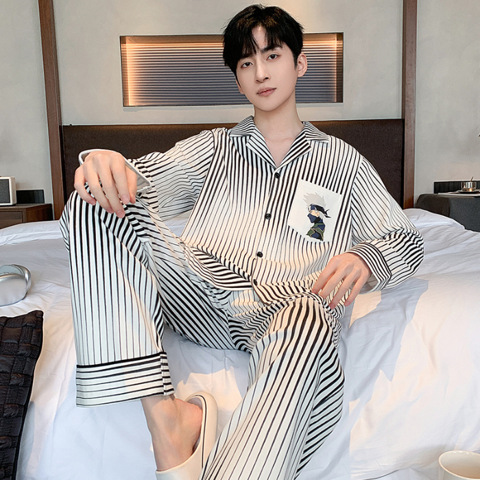 91家纺网 家纺一手货源 找家纺 春秋季新款纯棉休闲简约睡衣高级质量家居服夏季男士宽松舒适睡衣翻领 89315