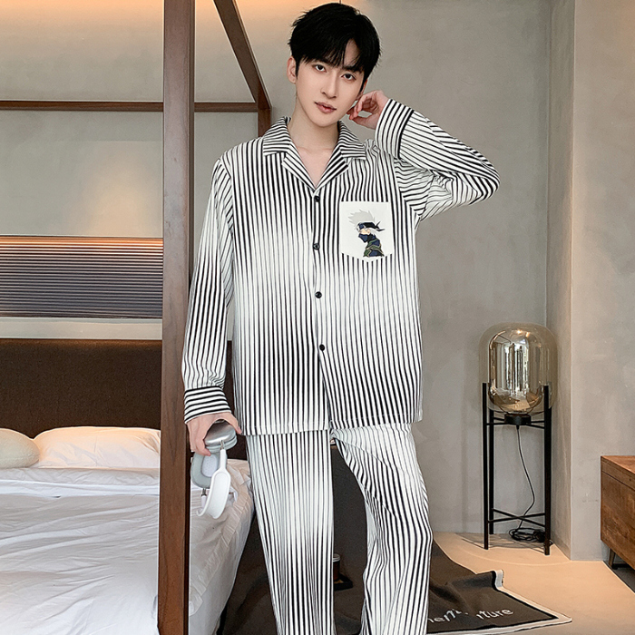 91家纺网 家纺一手货源 找家纺 春秋季新款纯棉休闲简约睡衣高级质量家居服夏季男士宽松舒适睡衣翻领 89315