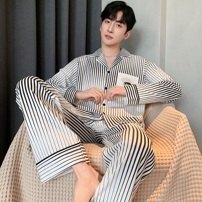 91家纺网 家纺一手货源 找家纺 春秋季新款纯棉休闲简约睡衣高级质量家居服夏季男士宽松舒适睡衣翻领 89315