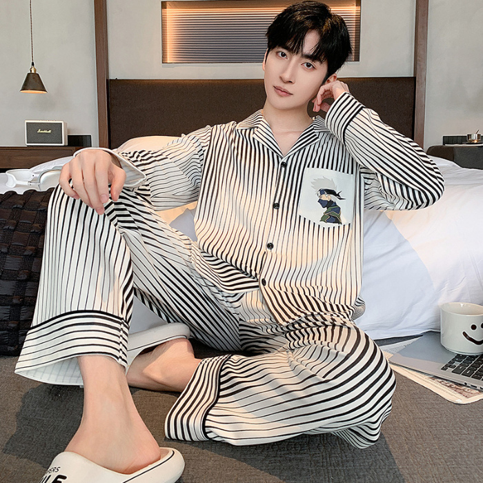 91家纺网 家纺一手货源 找家纺 春秋季新款纯棉休闲简约睡衣高级质量家居服夏季男士宽松舒适睡衣翻领 89315