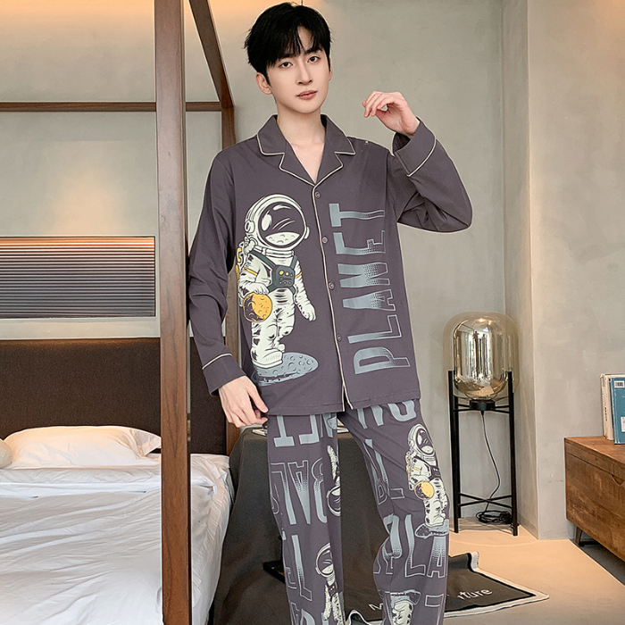 91家纺网 家纺一手货源 找家纺 春秋季新款纯棉休闲简约睡衣高级质量家居服夏季男士宽松舒适睡衣翻领 89318