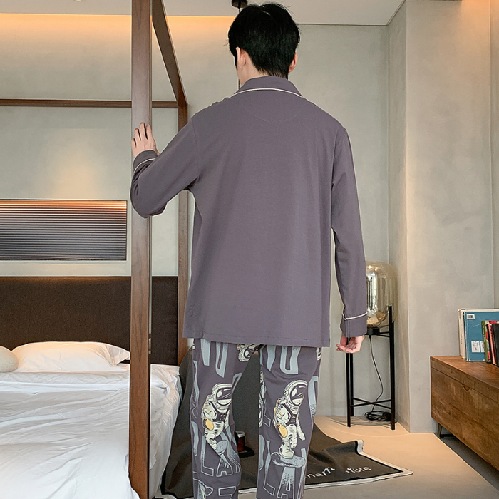 91家纺网 家纺一手货源 找家纺 春秋季新款纯棉休闲简约睡衣高级质量家居服夏季男士宽松舒适睡衣翻领 89318