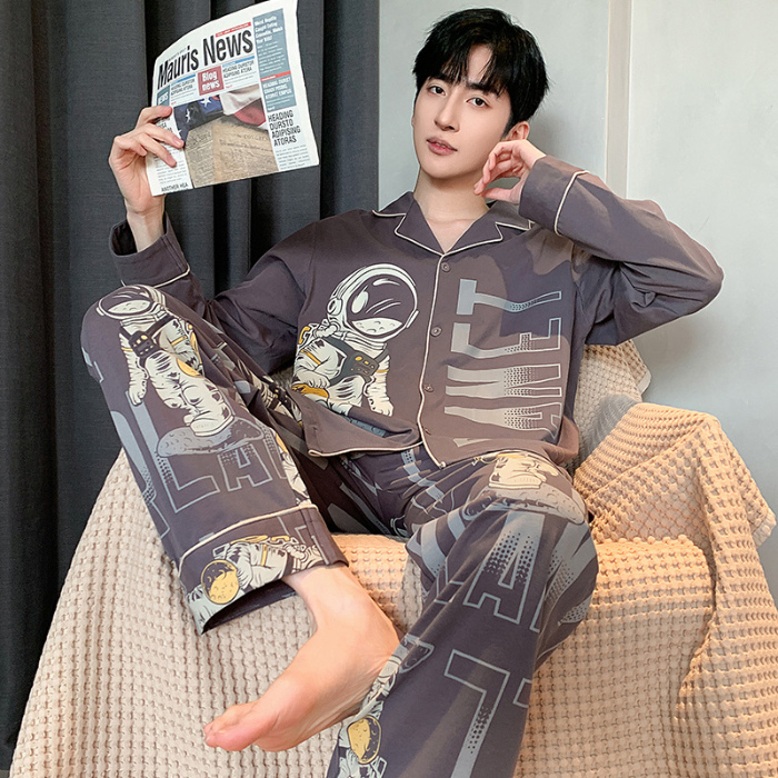 91家纺网 家纺一手货源 找家纺 春秋季新款纯棉休闲简约睡衣高级质量家居服夏季男士宽松舒适睡衣翻领 89318