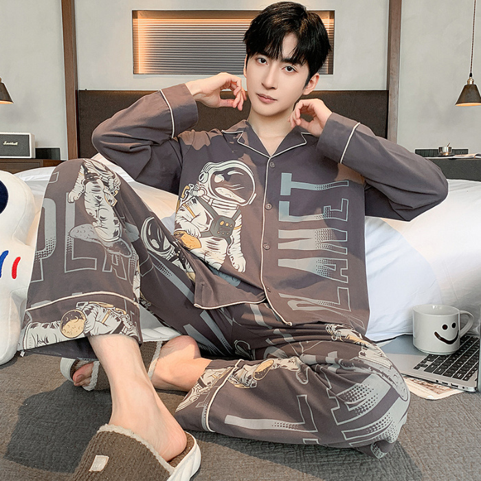 91家纺网 家纺一手货源 找家纺 春秋季新款纯棉休闲简约睡衣高级质量家居服夏季男士宽松舒适睡衣翻领 89318