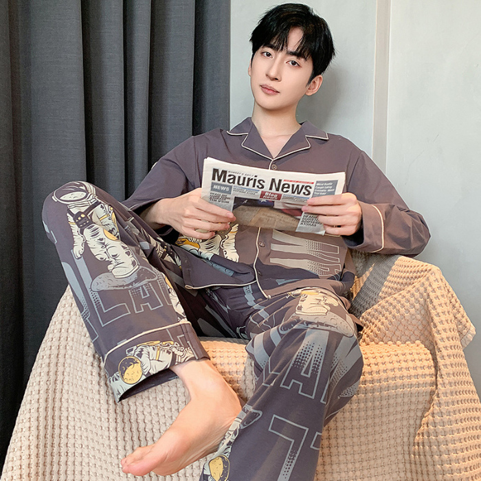 91家纺网 家纺一手货源 找家纺 春秋季新款纯棉休闲简约睡衣高级质量家居服夏季男士宽松舒适睡衣翻领 89318