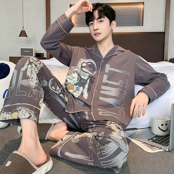 91家纺网 家纺一手货源 找家纺 春秋季新款纯棉休闲简约睡衣高级质量家居服夏季男士宽松舒适睡衣翻领 89318