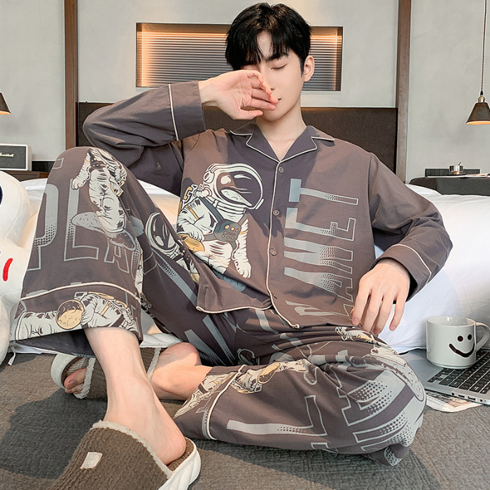 91家纺网 家纺一手货源 找家纺 春秋季新款纯棉休闲简约睡衣高级质量家居服夏季男士宽松舒适睡衣翻领 89318