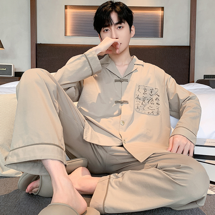 91家纺网 家纺一手货源 找家纺 春秋季新款纯棉休闲简约睡衣高级质量家居服夏季男士宽松舒适睡衣翻领 89319