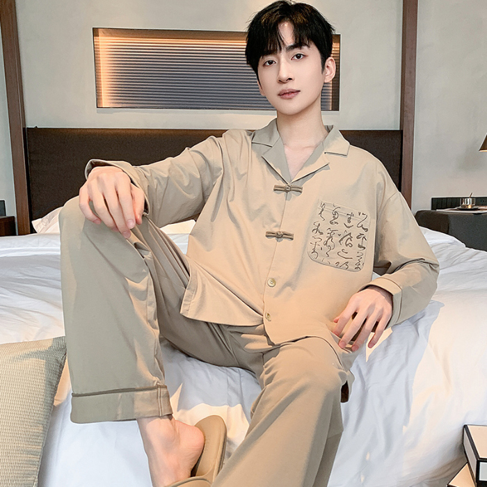 91家纺网 家纺一手货源 找家纺 春秋季新款纯棉休闲简约睡衣高级质量家居服夏季男士宽松舒适睡衣翻领 89319