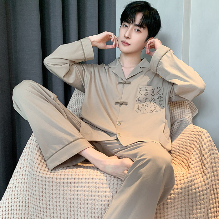 91家纺网 家纺一手货源 找家纺 春秋季新款纯棉休闲简约睡衣高级质量家居服夏季男士宽松舒适睡衣翻领 89319