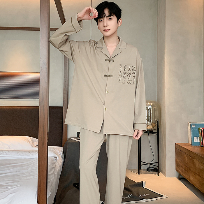 91家纺网 家纺一手货源 找家纺 春秋季新款纯棉休闲简约睡衣高级质量家居服夏季男士宽松舒适睡衣翻领 89319