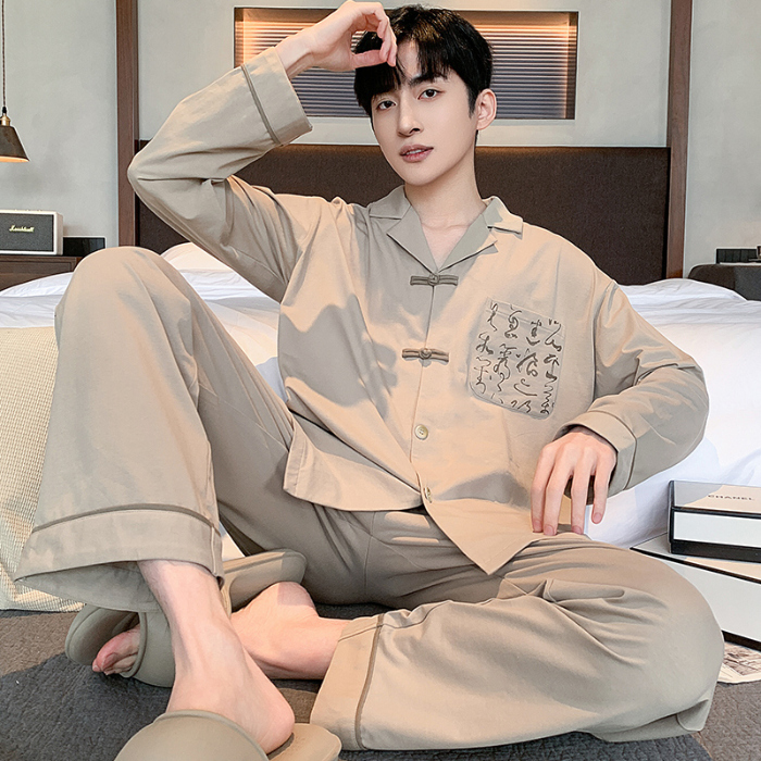 91家纺网 家纺一手货源 找家纺 春秋季新款纯棉休闲简约睡衣高级质量家居服夏季男士宽松舒适睡衣翻领 89319