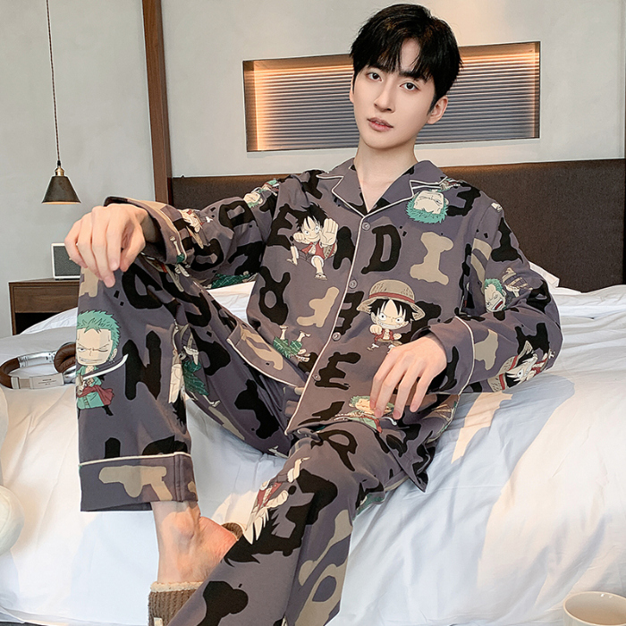 91家纺网 家纺一手货源 找家纺 春秋季新款纯棉休闲简约睡衣高级质量家居服夏季男士宽松舒适睡衣翻领 89324