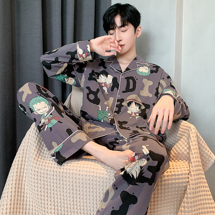 91家纺网 家纺一手货源 找家纺 春秋季新款纯棉休闲简约睡衣高级质量家居服夏季男士宽松舒适睡衣翻领 89324