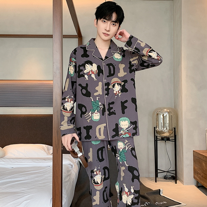 91家纺网 家纺一手货源 找家纺 春秋季新款纯棉休闲简约睡衣高级质量家居服夏季男士宽松舒适睡衣翻领 89324