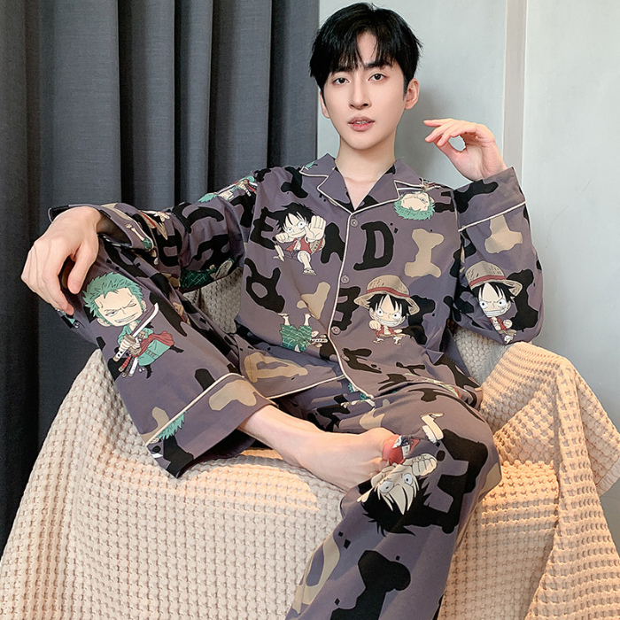 91家纺网 家纺一手货源 找家纺 春秋季新款纯棉休闲简约睡衣高级质量家居服夏季男士宽松舒适睡衣翻领 89324