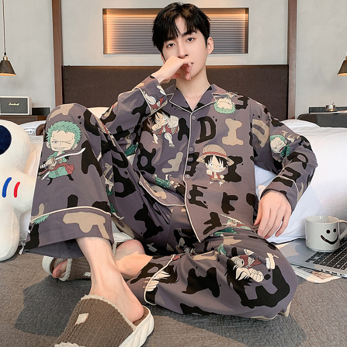 91家纺网 家纺一手货源 找家纺 春秋季新款纯棉休闲简约睡衣高级质量家居服夏季男士宽松舒适睡衣翻领 89324