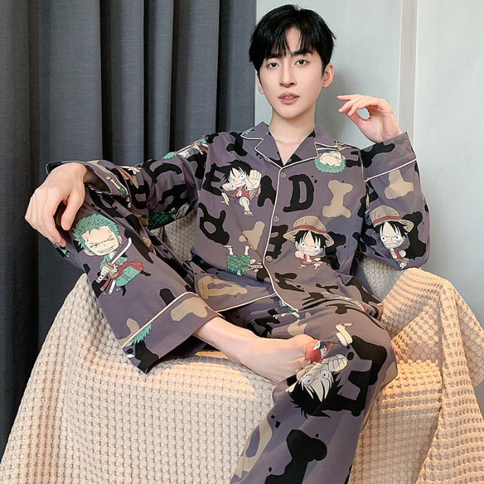 91家纺网 家纺一手货源 找家纺 春秋季新款纯棉休闲简约睡衣高级质量家居服夏季男士宽松舒适睡衣翻领 89324