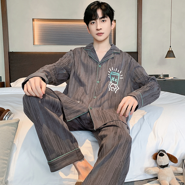 91家纺网 家纺一手货源 找家纺 春秋季新款纯棉休闲简约睡衣高级质量家居服夏季男士宽松舒适睡衣翻领 89325