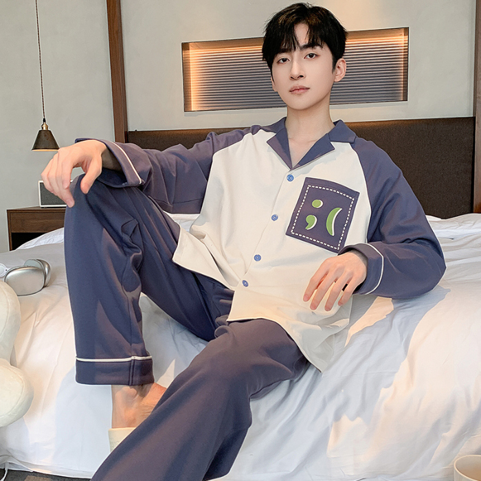 91家纺网 家纺一手货源 找家纺 春秋季新款纯棉休闲简约睡衣高级质量家居服夏季男士宽松舒适睡衣翻领 89326