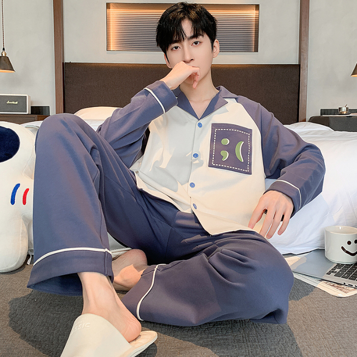 91家纺网 家纺一手货源 找家纺 春秋季新款纯棉休闲简约睡衣高级质量家居服夏季男士宽松舒适睡衣翻领 89326