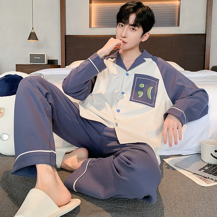 91家纺网 家纺一手货源 找家纺 春秋季新款纯棉休闲简约睡衣高级质量家居服夏季男士宽松舒适睡衣翻领 89326