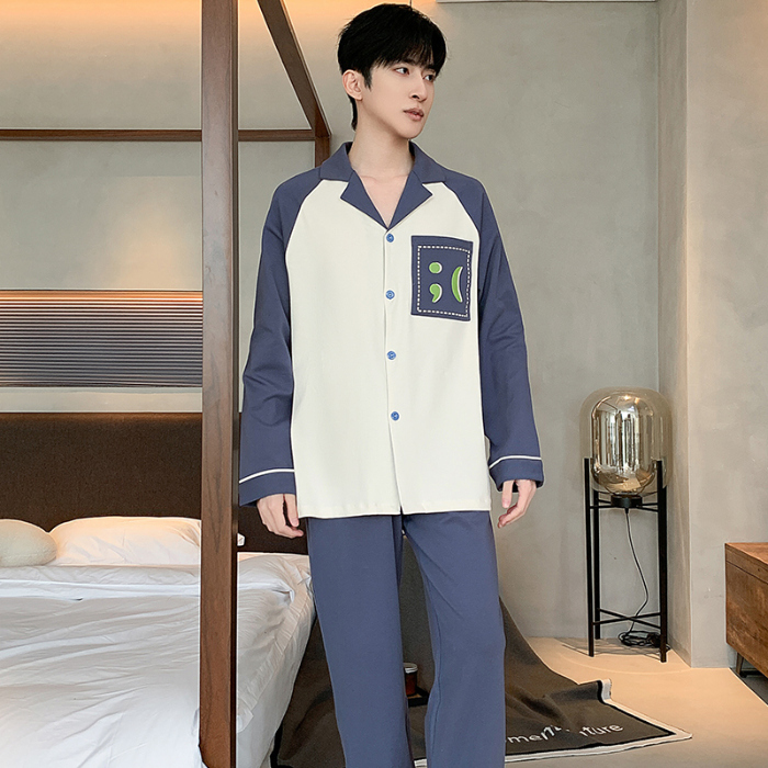 91家纺网 家纺一手货源 找家纺 春秋季新款纯棉休闲简约睡衣高级质量家居服夏季男士宽松舒适睡衣翻领 89326