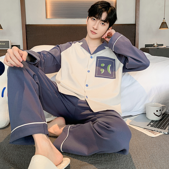 91家纺网 家纺一手货源 找家纺 春秋季新款纯棉休闲简约睡衣高级质量家居服夏季男士宽松舒适睡衣翻领 89326