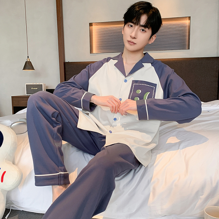 91家纺网 家纺一手货源 找家纺 春秋季新款纯棉休闲简约睡衣高级质量家居服夏季男士宽松舒适睡衣翻领 89326