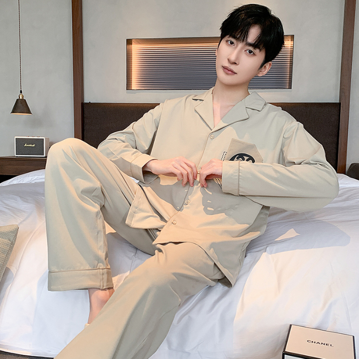 91家纺网 家纺一手货源 找家纺 春秋季新款纯棉休闲简约睡衣高级质量家居服夏季男士宽松舒适睡衣翻领 89327