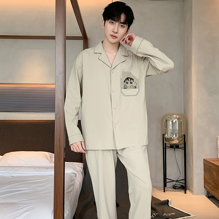 91家纺网 家纺一手货源 找家纺 春秋季新款纯棉休闲简约睡衣高级质量家居服夏季男士宽松舒适睡衣翻领 89327