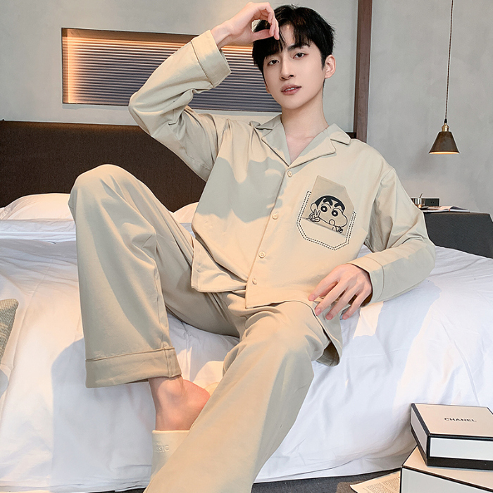 91家纺网 家纺一手货源 找家纺 春秋季新款纯棉休闲简约睡衣高级质量家居服夏季男士宽松舒适睡衣翻领 89327