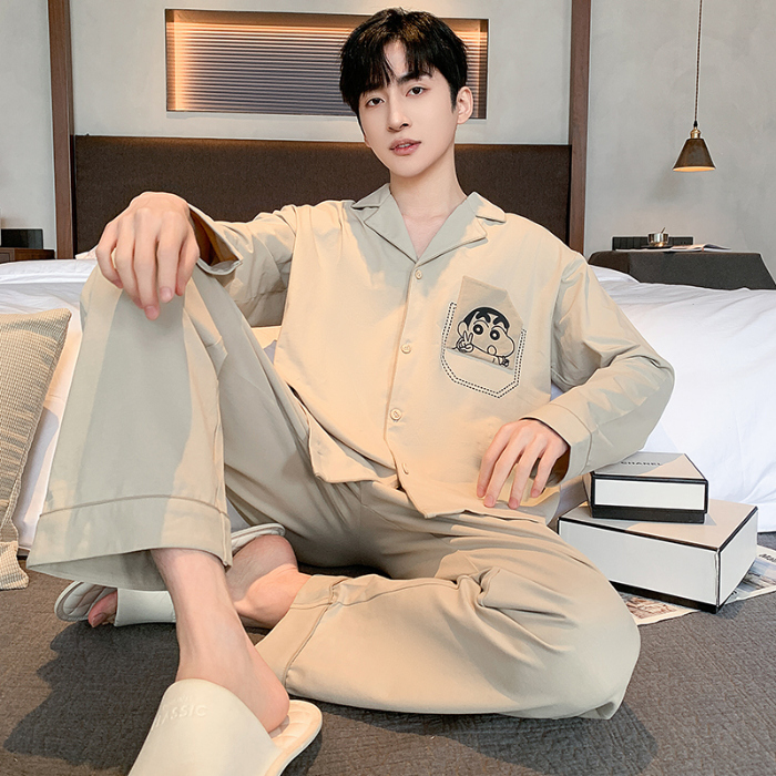 91家纺网 家纺一手货源 找家纺 春秋季新款纯棉休闲简约睡衣高级质量家居服夏季男士宽松舒适睡衣翻领 89327