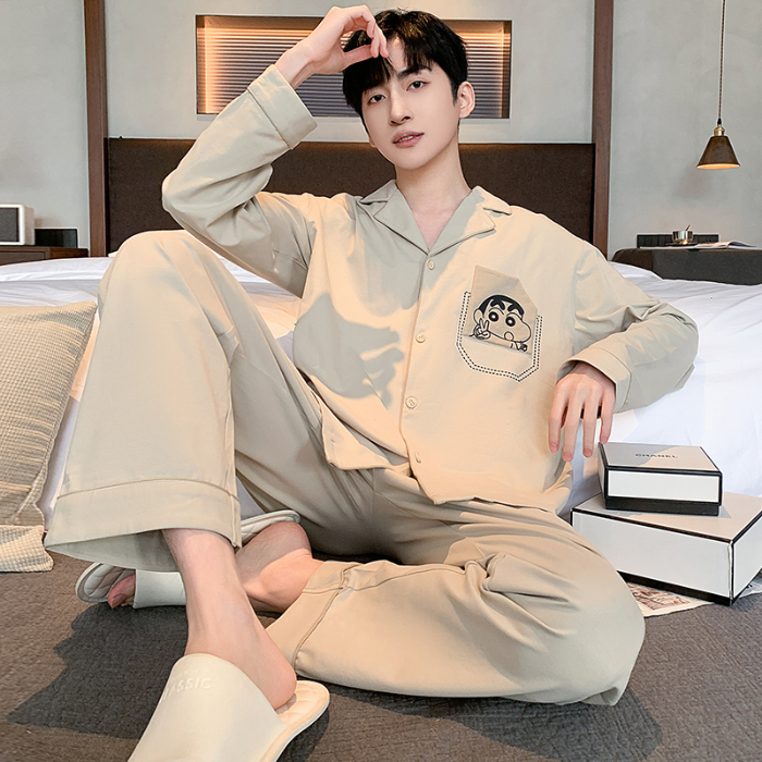 91家纺网 家纺一手货源 找家纺 春秋季新款纯棉休闲简约睡衣高级质量家居服夏季男士宽松舒适睡衣翻领 89327