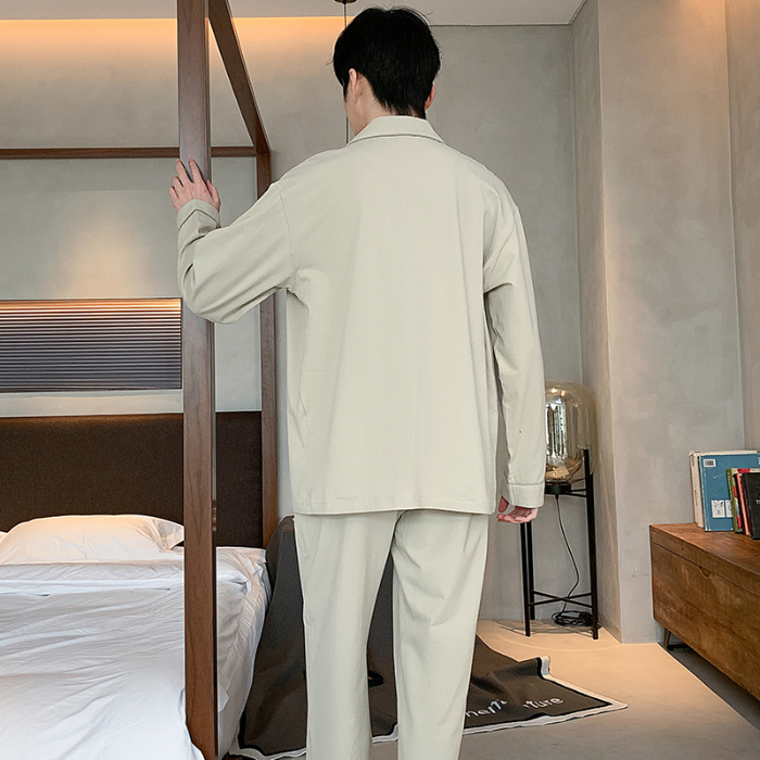 91家纺网 家纺一手货源 找家纺 春秋季新款纯棉休闲简约睡衣高级质量家居服夏季男士宽松舒适睡衣翻领 89327
