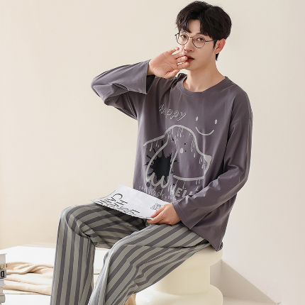 91家纺网 家纺一手货源 找家纺 春秋季纯棉圆领睡衣男士卡通长袖家居服夏季青少年休闲可外穿套装 683男