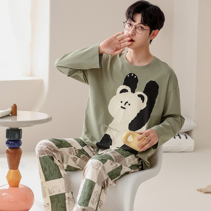 91家纺网 家纺一手货源 找家纺 春秋季纯棉圆领睡衣男士卡通长袖家居服夏季青少年休闲可外穿套装 690男