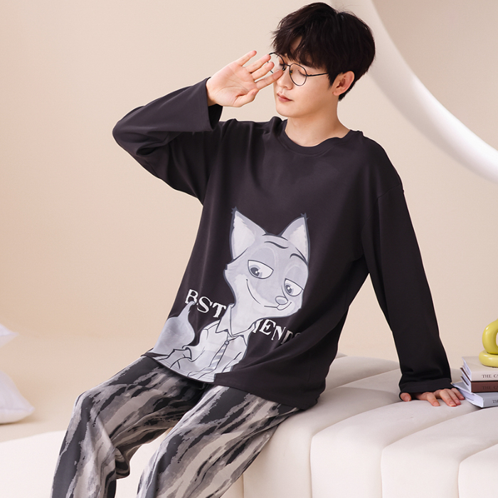 91家纺网 家纺一手货源 找家纺 春秋季纯棉圆领睡衣男士卡通长袖家居服夏季青少年休闲可外穿套装 666男