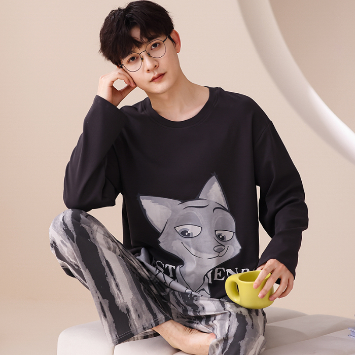 91家纺网 家纺一手货源 找家纺 春秋季纯棉圆领睡衣男士卡通长袖家居服夏季青少年休闲可外穿套装 666男