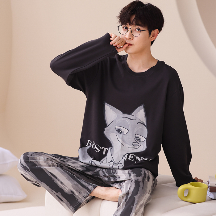 91家纺网 家纺一手货源 找家纺 春秋季纯棉圆领睡衣男士卡通长袖家居服夏季青少年休闲可外穿套装 666男