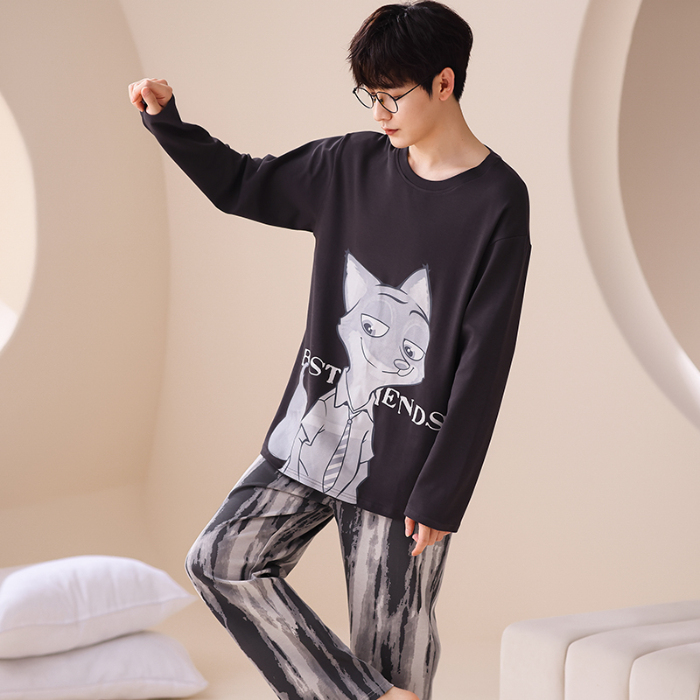 91家纺网 家纺一手货源 找家纺 春秋季纯棉圆领睡衣男士卡通长袖家居服夏季青少年休闲可外穿套装 666男