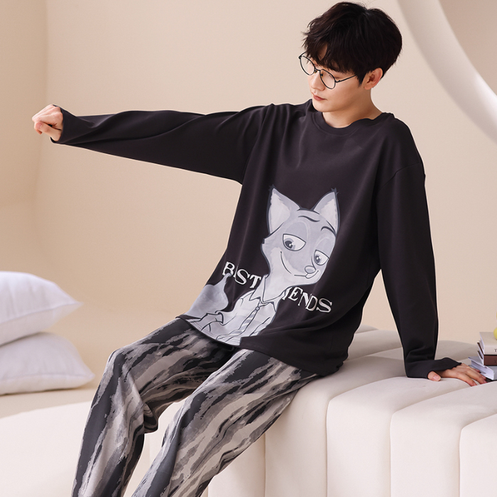 91家纺网 家纺一手货源 找家纺 春秋季纯棉圆领睡衣男士卡通长袖家居服夏季青少年休闲可外穿套装 666男