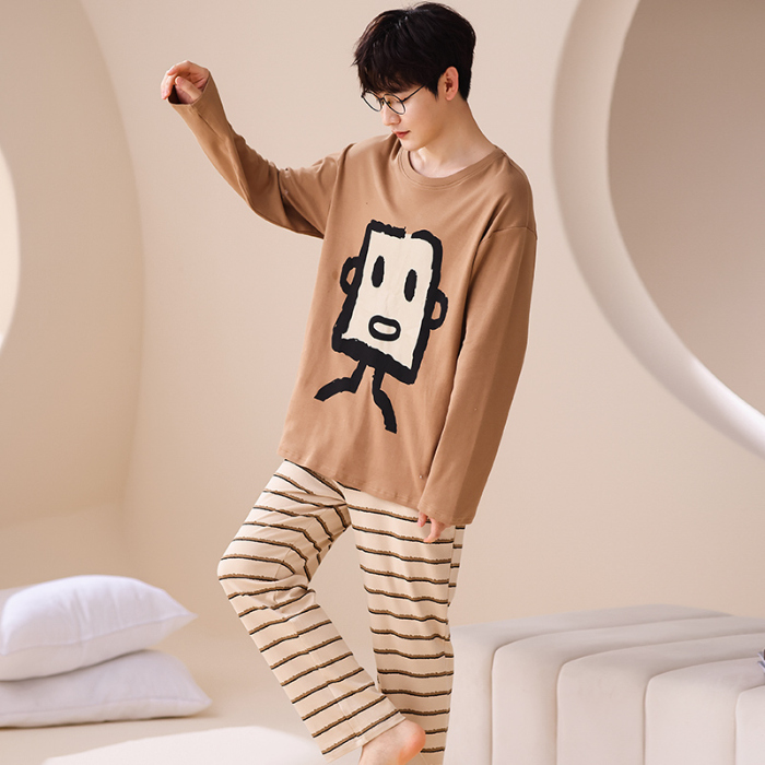 91家纺网 家纺一手货源 找家纺 春秋季纯棉圆领睡衣男士卡通长袖家居服夏季青少年休闲可外穿套装 673男