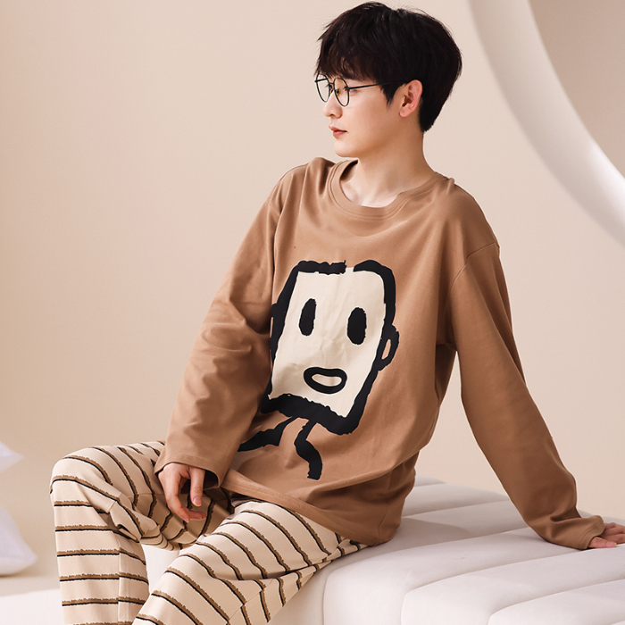 91家纺网 家纺一手货源 找家纺 春秋季纯棉圆领睡衣男士卡通长袖家居服夏季青少年休闲可外穿套装 673男