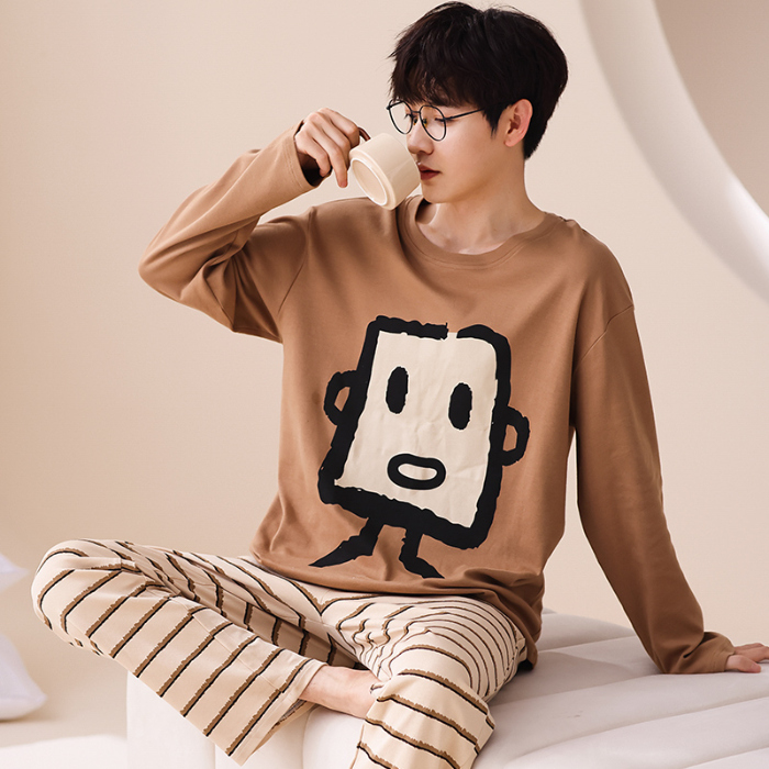 91家纺网 家纺一手货源 找家纺 春秋季纯棉圆领睡衣男士卡通长袖家居服夏季青少年休闲可外穿套装 673男